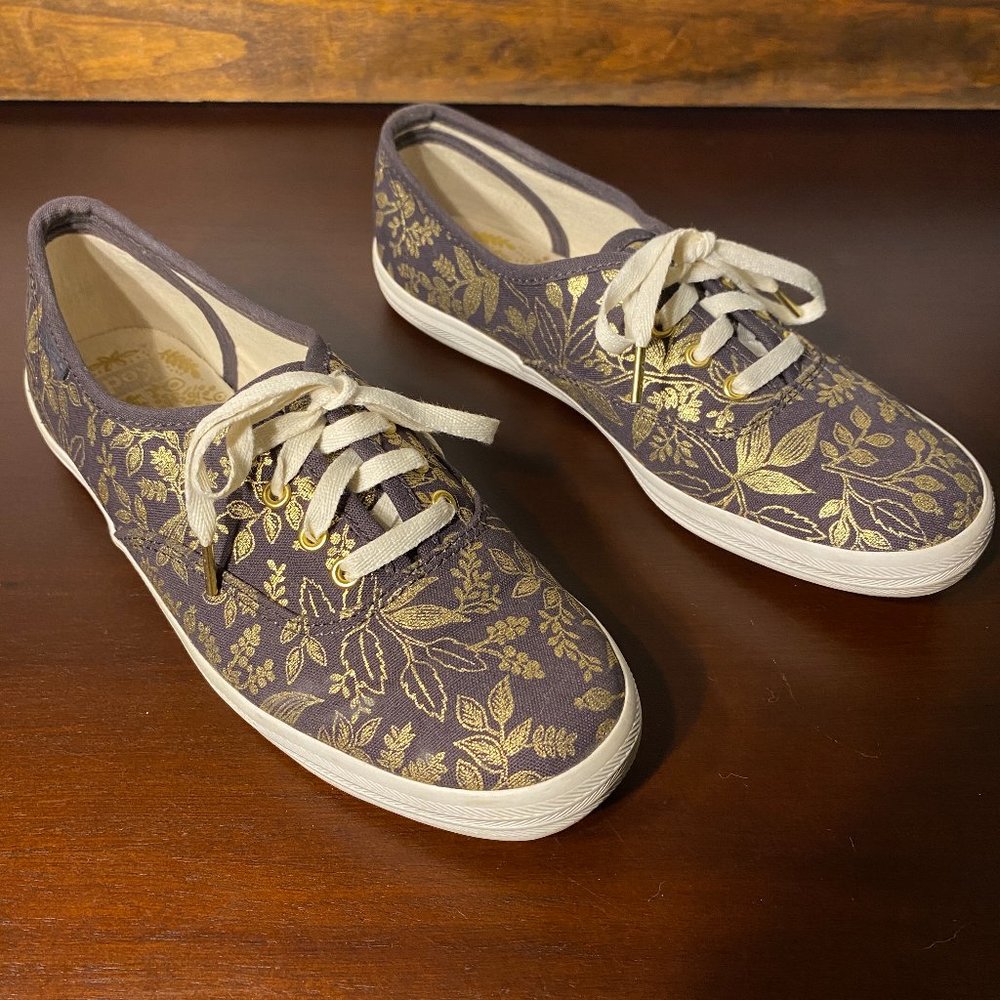 Keds x Rifle Paper Co. Gold Print Floral Black Laced Sneakers Womens Size 5.5
